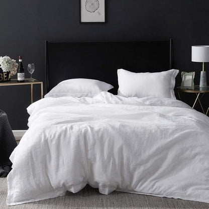 Simple&Opulence 100% Linen Duvet Cover Set with Embroidery Border Washed - 3 Pieces (1 Duvet Cover with 2 Pillow Shams) with Button Closure Soft Breathable Farmhouse - White, Full Size - color: White, size: Full