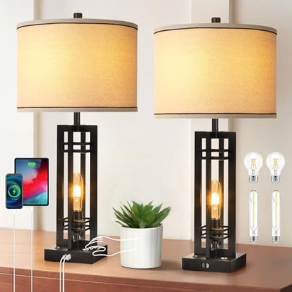 Set of 2 Farmhouse Table Lamps for Living Room,27-inch Bedside Lamps | Cream Shade Desk Lamps with USB A+C Ports, 3-Level Dimmable Touch Light, 4 LED Bulbs Included, Bedroom Home Office Nightstand - color: Beige