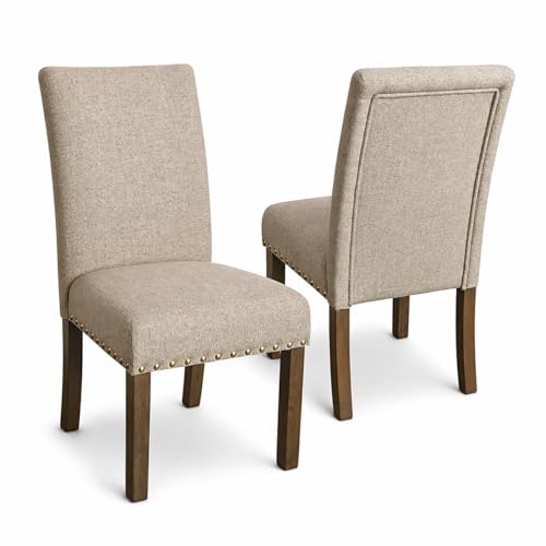 Homepop Home Decor | Classic Upholstered Parsons Dining Chairs | Set of 2 Accent Dining Chairs with Nailhead Trim, Natural Linen - color: Natural, style: Pack of 2