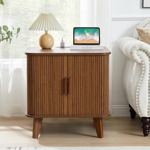 24" Modern End Table with Charging Station, Fluted Side Table,Walnut | Farmhouse Sofa Side Tables Living Room, Mid-Century Wood Nightstand with Sliding Tambour Door & Storage, Wooden End Table - color: Walnut