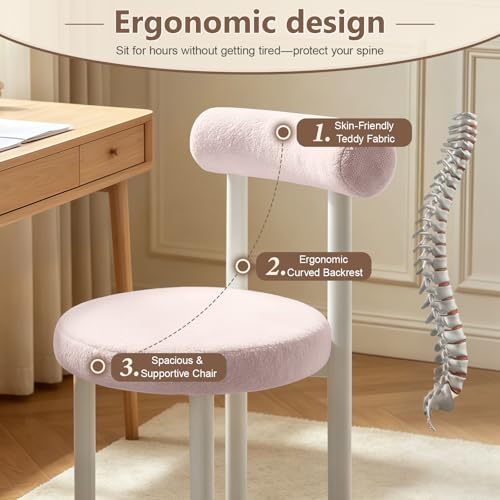 Cute Small Armless Desk Chair, Ergonomic Comfy Vanity Chairs Lumbar Support with Back for Makeup, Teddy Fabric Computer Desk Chair for Home, Bedroom, Vanity, Teens, Adults - color: Pink