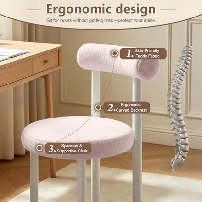 Cute Small Armless Desk Chair, Ergonomic Comfy Vanity Chairs Lumbar Support with Back for Makeup, Teddy Fabric Computer Desk Chair for Home, Bedroom, Vanity, Teens, Adults - color: Pink