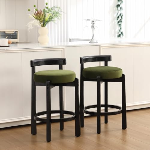 HEAH-YO Mid Century Modern Bar Stools Set of 2, 26.5" Counter Stools with Low Back, Velvet Upholstered Barstools with Black Wood Legs Bar Chairs for Kitchen Island Dining Room, Green - color: 26.5" Green Velvet Black Wood, size: Counter Height - Set of 2