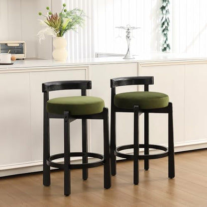 HEAH-YO Mid Century Modern Bar Stools Set of 2, 26.5" Counter Stools with Low Back, Velvet Upholstered Barstools with Black Wood Legs Bar Chairs for Kitchen Island Dining Room, Green - color: 26.5" Green Velvet Black Wood, size: Counter Height - Set of 2