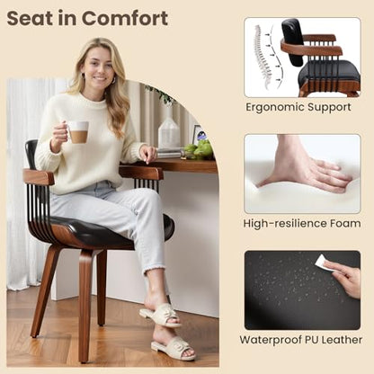 Dining Chairs with Armrest, Set of 2, Mid-Century Modern Kitchen Chair | with Wood Legs, Upholstered PU Leather for Dining Room, Kitchen, Restaurant, Cafe, Black - color: Black