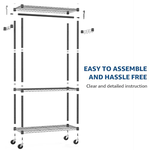 M MZG Heavy Duty Rolling Garment Rack 3 Tiers Adjustable Wire Shelving Clothes Rack with Rods and Side Hooks,Storage Closet Clothing Rack with Wheels Black 15.7" D x 29.5" W x 74.5" H - color: Black, size: 3 Tier with 1 rod, 15.7"D x 29.5"W x 74.5"H
