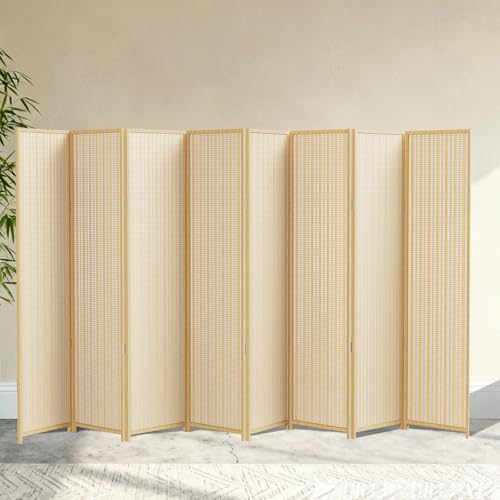 8 Panel Bamboo Room Divider, Folding Privacy Screen, Natural | Pine wood frame, dual-action stainless steel hinges, 5.6FT tall, extends to 126 inches wide, no assembly - color: Natural, size: 8 Panel