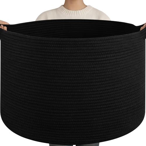 OIAHOMY 115L Extra Large Blanket Basket for Living Room, 23.6" x 15.4" Woven Cotton Rope Laundry Basket for Organizing Pillows, Decorative Stuffed Animal Toy Storage for Nursery, Black - color: Black, size: 23.6"D x 15.4"H