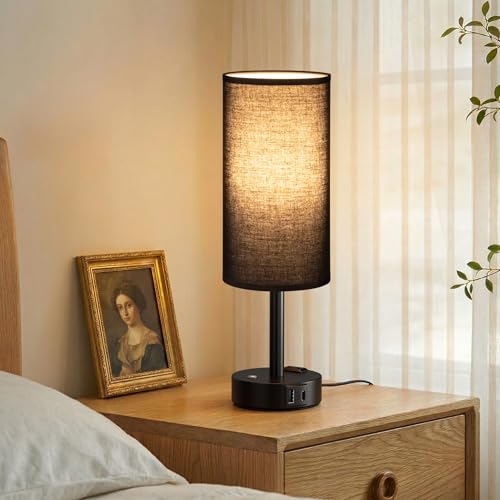 Black Touch Bedside Lamp for Bedroom, Stepless Dimmable, USB A+C, AC Outlet | Base Touch Button Only, Memory Brightness, Ultra-dim Night Light, Included Bulb for Optimal Dimming, Black Fabric Shade, Desk - color: Black & Black