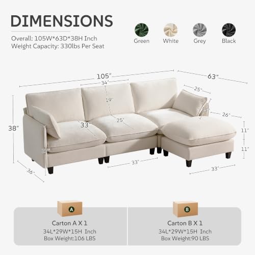 Ihanherry 105" Modular Sectional Sofa, L-Shaped Cloud Couch with Oversized Large Cushions & Movable Ottoman, Chenille Deep Seat Couch for Living Room, Beige - color: Beige Cream, size: 105“ 4 Seat L Sofa