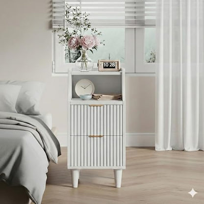 11.8" Narrow Fluted Nightstand Set of 2,Slim Side End Table with 2 Drawers,Mid-Century Modern Bedside Table,Skinny Night Stand for Bedroom, Small Space (White, 11.8" with 2 Drawers) - color: White