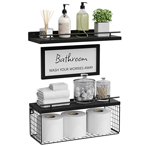 Floating Shelves for Wall Decor Sign, Bathroom Organizers and Storage, Bathroom Shelves Over Toilet with Metal Guardrail-Black - color: Black
