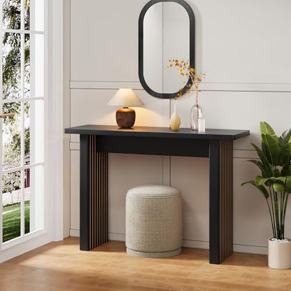 Mid Century Narrow Entryway Console Table, 43.3" Fluted Wood Couch Table Behind Sofa Long and Skinny for Living Room Hallway Entrance Foyer, Black - color: Black