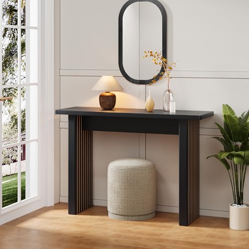 Mid Century Narrow Entryway Console Table, 43.3" Fluted Wood Couch Table Behind Sofa Long and Skinny for Living Room Hallway Entrance Foyer, Black - color: Black