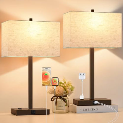 Lynnoland 21" Set of 2 Table lamp with USB A+C & AC Outlets, Touch Control 3-Way Dimmable Nightstand Lamps for Bedroom Living Room Office Reading, Line Shade Touch Lamps, 3000K LED Bulbs Included - color: (2 Pack)Nature Line & Bronze with Gold Edge (Base)