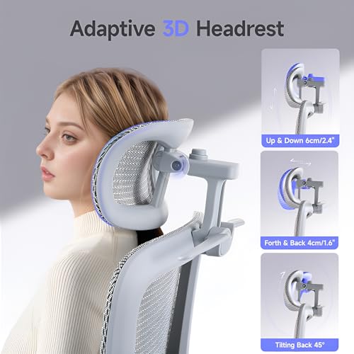 Office Chair with Footrest, Ergonomic Chair with 3D Headrest, Computer Chair with Adjustable Backrest & 3D Armrest, Gaming Chair with Adaptive Lumbar Support, Mesh Backrest & Cushion, Grey - color: Grey, style: Lite