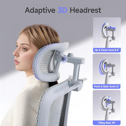Office Chair with Footrest, Ergonomic Chair with 3D Headrest, Computer Chair with Adjustable Backrest & 3D Armrest, Gaming Chair with Adaptive Lumbar Support, Mesh Backrest & Cushion, Grey - color: Grey, style: Lite