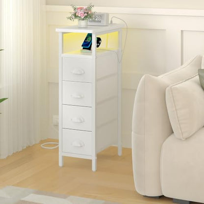 sthmec Nightstand Set 2 with Charging Station, Narrow End Table Set of 2 with 4 Drawers, LED Side Table with Fabric Drawers,Slim Sofa Couch Tables for Small Spaces,Living Room,Bedroom, White - color: White, style: Power & LED