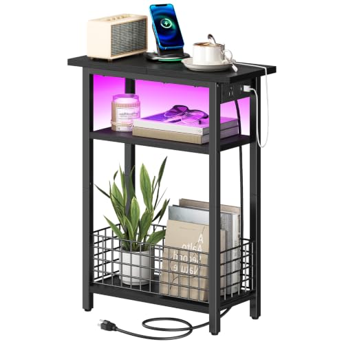 HOOBRO Narrow Side Table with Charging Station and LED Light, Small End Table with Storage, Skinny Nightstand with USB Port, Slim Bedside Table for Small Spaces, Living Room, Black BB242UDBZ01 - color: Black