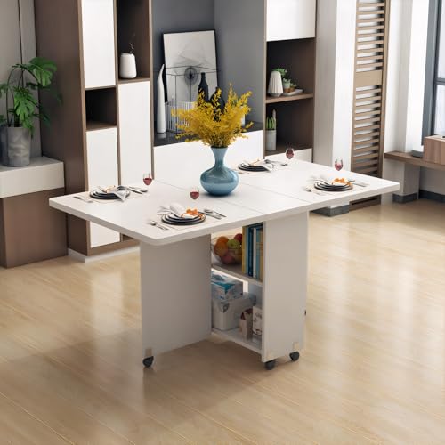 Folding Drop Leaf Dining Table with 6 Wheels & 2-Tier Storage Shelf, Space Saving Convertible Table for 2-6 People, Portable Kitchen Table or Desk for Small Apartments, White
