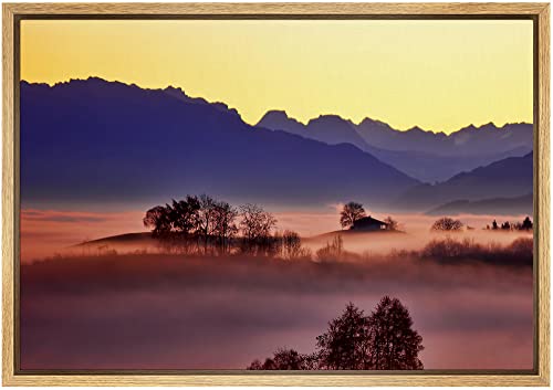 SIGNWIN Framed Canvas Wall Art Yellow and Purple Foggy Mountain Highlands Landscape Wilderness Photography Modern Art Contemporary Scenic Dramatic for Living Room, Bedroom, Office - 16"x24" Natural - color: B10-2103-spl13, size: 24"L x 16"W
