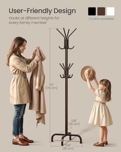 SONGMICS Coat Rack Freestanding with 16 Hooks, Metal Coat Tree Stand with 4 Adjustable Feet, Clothes Hanger Stand for Entryway Bedroom Living Room Hallway Office,Bronze URCR083MZ01S - color: Brown, style: 16 hooks