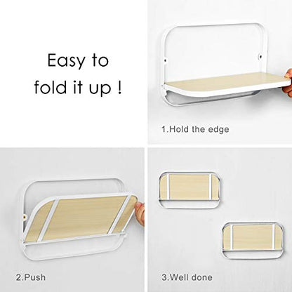 WELLAND Arlington Floating Shelves Set of 2 | Folding Display Wall Shelves | Walnut Grain Wooden Board & Metal Frame | 12" W x 5" D x 7" H | White (Upgraded) - color: White+wood Grain