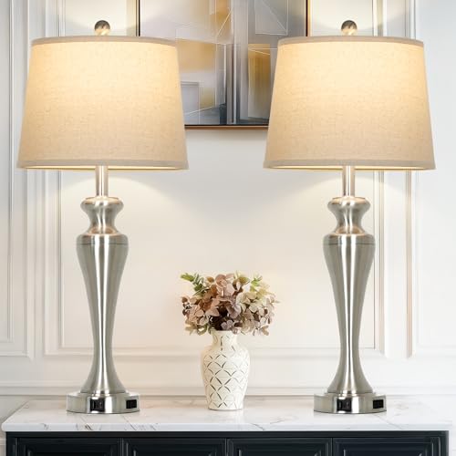 CINSARY Silver Table Lamps Set of 2, Touch Control Bedside Lamp with USB A+C Ports and AC Outlet, 3-Way Dimmable Bedroom Lamps for Nightstand, Tall Brushed Nickel Living Room Lamp for End Table - color: Silver (2 Pack)