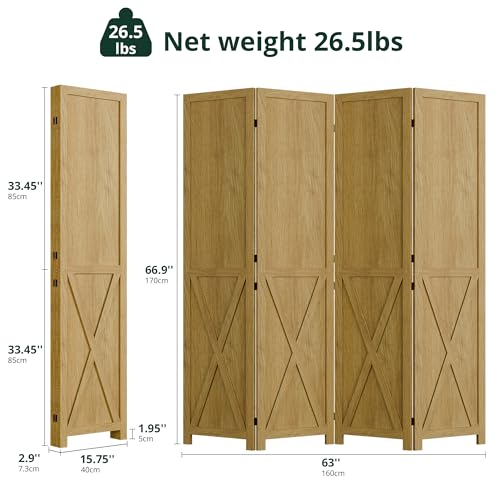 4 Panel Folding Room Divider, Solid Wood Privacy Screen, Freestanding Partition Wall, Temporary Wall for Home/Office/Bedroom/Restaurant, Natural - color: Natural