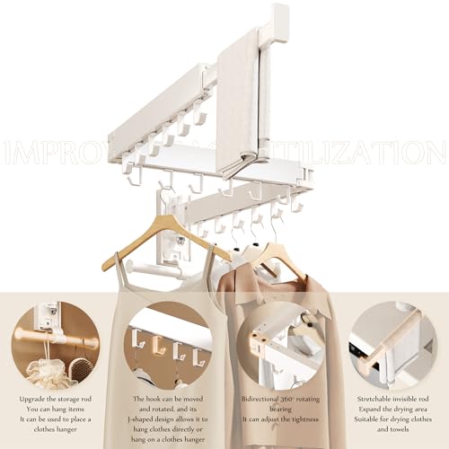 Wall Mounted Collapsible Clothes Drying Rack, Space-Saving Laundry Drying Rack Clothing Hanger, Durable Foldable Design Extends Left, Right & Up for Upgraded Versatility - style: Upgrde-White Hooks