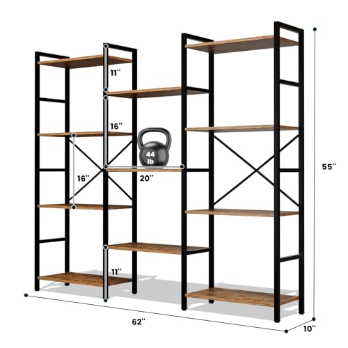 GRUSIGN Triple 4 Tier Book Shelf, Modern Bookcase Shelf, Freestanding Large Display Shelves for Living Room/Office/Garage, Stable Large Bookshelf with Storage for Books/LEGO/Plants, Rustic Brown - color: Brown