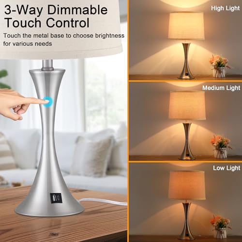 Touch Table Lamp, 3-Way Dimmable LED Bulbs, USB Charger, Nickel | 21.5" Touch Control Lamp for Nightstand, Living Room, Bedroom, Metal Body, Linen Shade, Type A+C Charging Port, Set of 2 - color: Nickel