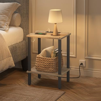TUTOTAK End Table with Charging Station, Side Table Set of 2, Nightstand | 2-Tier Storage Shelf, Bedside Table with USB Ports, Sofa Table for Small Space, Livingroom, Bedroom Greige V1TB01BG041 - color: Greige