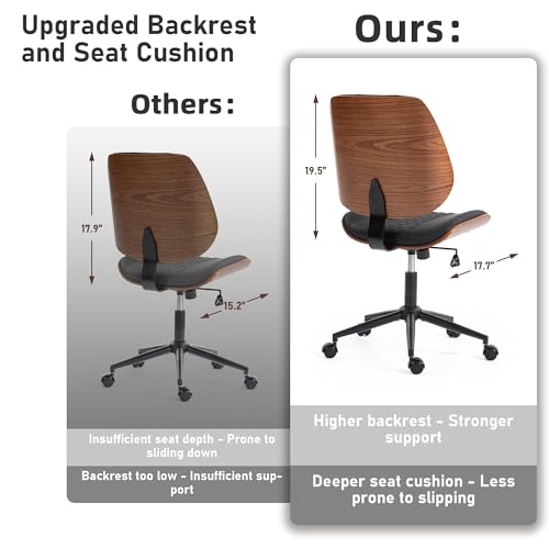 Modern Walnut Home Office Chair, Executive Desk Chair No Arms Black | with Wheels, Adjustable Height, Comfy PU, Deeper Cushion, Mid Back, 360 Swivel Computer Chair - color: Black