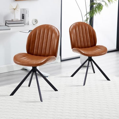 PU Leather Swivel Office Chair No Wheels, Small Comfy Mid Century Armless Desk Chair, Cute Swivel Vanity Chairs No Wheels for Small Spaces, Bedroom,Living Room,Home Office, Brown - color: Brown-pu