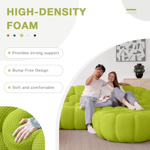 Modular Sectional Sofa,Bubble Couch Set,1 Seater+ Ottoman,Modern Upholstered Bean Bag Sofa Couch Mesh Fabric Lazy Floor Chair Living Roon Sets (Lemon Green) - color: Lemon Green, size: 48"+42"
