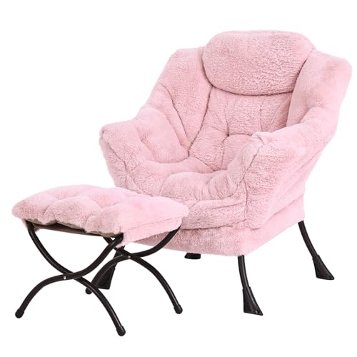 Modern Lazy Chair with Ottoman Lounge Accent Reading Chair for Living Room | Foldable Footstool,Removable Cover,with Armrests & Side Pockets,Upholstered Lounge Chair for Bedroom,Dorm,Office,Small Space - color: Plush Pink