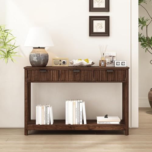 RUSTOWN Fluted Wood Console Table with 3 Drawers, 47.2" Boho Entryway Table | Narrow Behind Couch Sofa Table, Open Storage Shelf, Curved legs, 2 Tier Modern Farmhouse Hallway Table for Living Room, Foyer - color: Dark Walnut