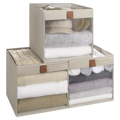 StorageWorks 11x11 Storage Cubes, Closet Storage Bins with Clear Window, Fabric Organizer for Clothes, Collapsible Storage Baskets with PU Handles, Brown and Beige, 3-Pack - color: Brown and Beige, size: 11"L x 11"W x 11"H