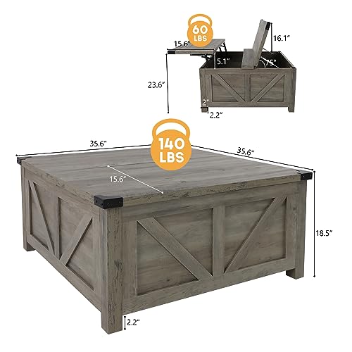 jimeimen Farmhouse Lift Top Coffee Table with Storage, Wood Square Center Table with Charging Station&USB Port, Living Room Table w/Large Hidden Space, for Living Room, Bedroom, Home Office, Grey - color: Grey