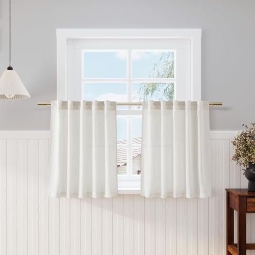 Cafe Linen Curtains 30 Inch Length for Kitchen Windows Over Sink, Cream Natural Semi Sheer Light Filtering Back Tab and Rod Pocket Drapes for Small Window 34 x 30 Inch,2 Panels - color: Natural, size: 34"W x 30"L (Pack of 2)