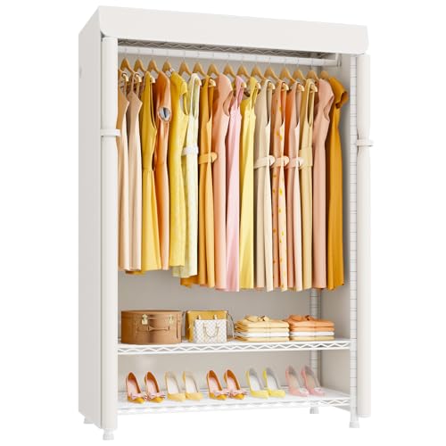 H5C Plus Clothes Rack with Cover, Covered Clothing Rack Heavy Duty | Garment Rack with Shelves, 3-Tier Portable Closets for Hanging Clothes, Max Load 370LBS, White Closet Racks with White Cover - color: White Rack with White Cover, size: H5C Plus