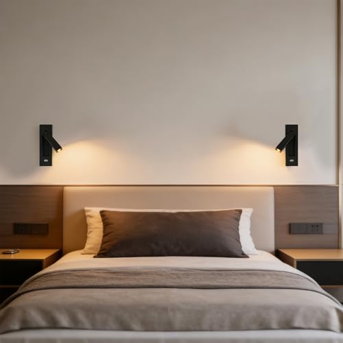 Wall Mounted Reading Light with USB, LED Bedside Reading Light with Switch, Adjustable Recessed Headboard Reading Lights Wall Sconce for Reading, Hardwired Reading Spotlight for Bedroom (Black) - color: Wall light-Black