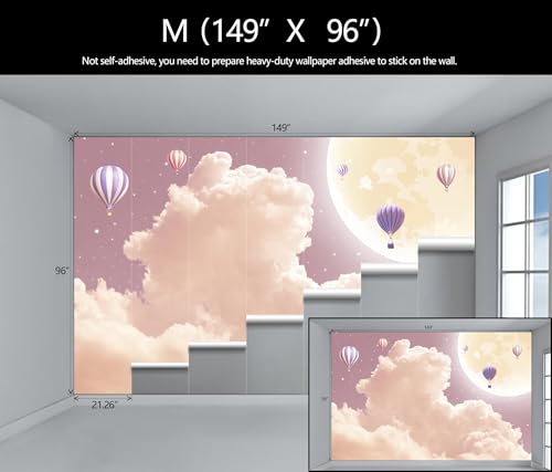 Pink and Purple Clouds Wallpaper Mural for Girls Room | Hot Air Balloons Moon Wall Mural 149"x96" Not Peel and Stick - color: Art Wall-66, size: 149" x 96"