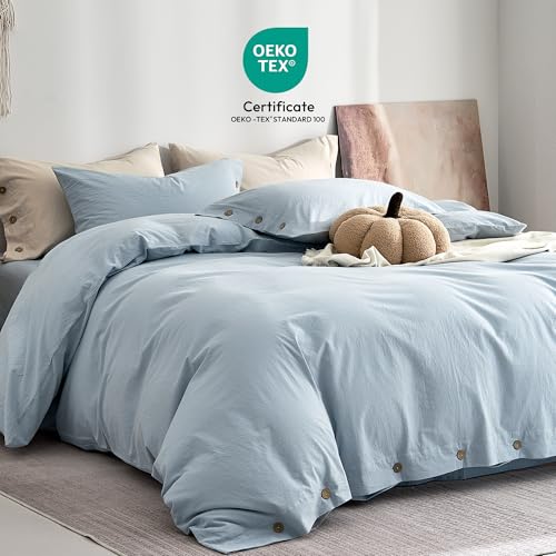 JELLYMONI 100% Washed Cotton Baby Blue Duvet Cover Twin, Linen-Like | OEKO-TEX Certified, Soft, Breathable Percale Bedding with Natural Wrinkle Texture, Button Closure, 2-Piece Set, 68"x90" - color: 01- Baby Blue, size: Twin(68"×90")