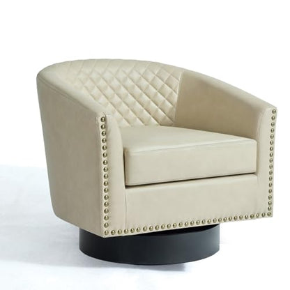 Faux Leather Swivel Accent Chair, Modern Barrel Club Armchair, Beige | Comfy Living Room Chair, Modern Nailhead Trim Round Armchair Bedroom Reading Seat with Removable Cushion, Wood Frame - color: Retro Beige