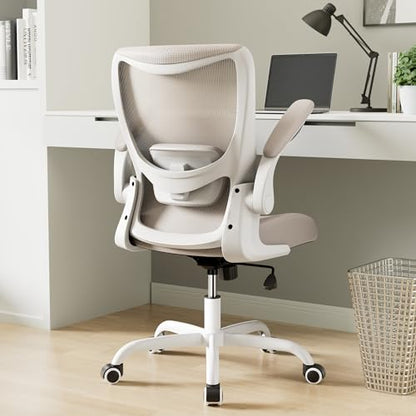 Office Chair, Ergonomic Desk Chair with Adjustable Lumbar Support and Flip up Armrest, Breathable Mesh Computer Chair for Home Office, Khaki - color: Khaki