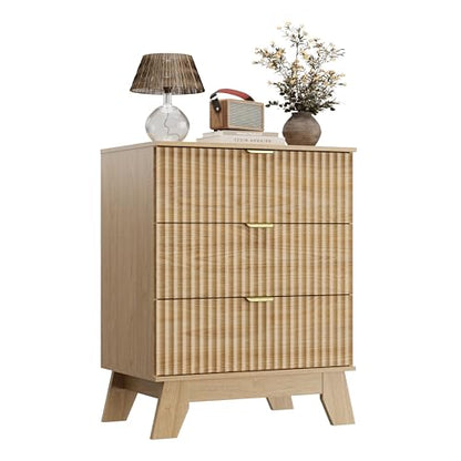 Night Stand Set 2, Bedside Table & End Table, Mid Century Modern Fluted Wood Nightstand with 3 Drawers & Metal Handles, Farmhouse Nightstand for Bedroom, Natural Oak - color: Natural Oak, style: 3 Drawers-2 PCS