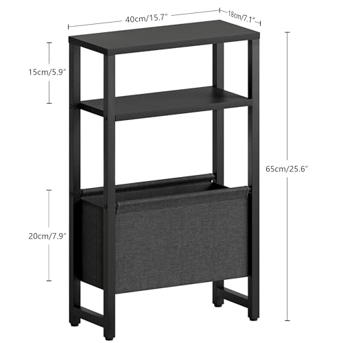Narrow Side Table, Slim End Table with Magazine Rack, Skinny Bedside Table for Small Spaces, 3 Tier Sofa Couch Table Nightstand for Living Room, Bedroom, Black LET503B - color: Black, style: No Charging Station