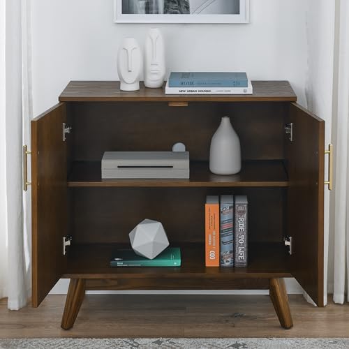 Small Sideboard Buffet,Mid Century Modern Storage Cabinet with Doors | Real Wood Veneer Credenza Storage Cabinet,Living Room Accent Cabinet,Small Walnut Sideboard Buffet,Boho Bar Cabinet - color: Walnut